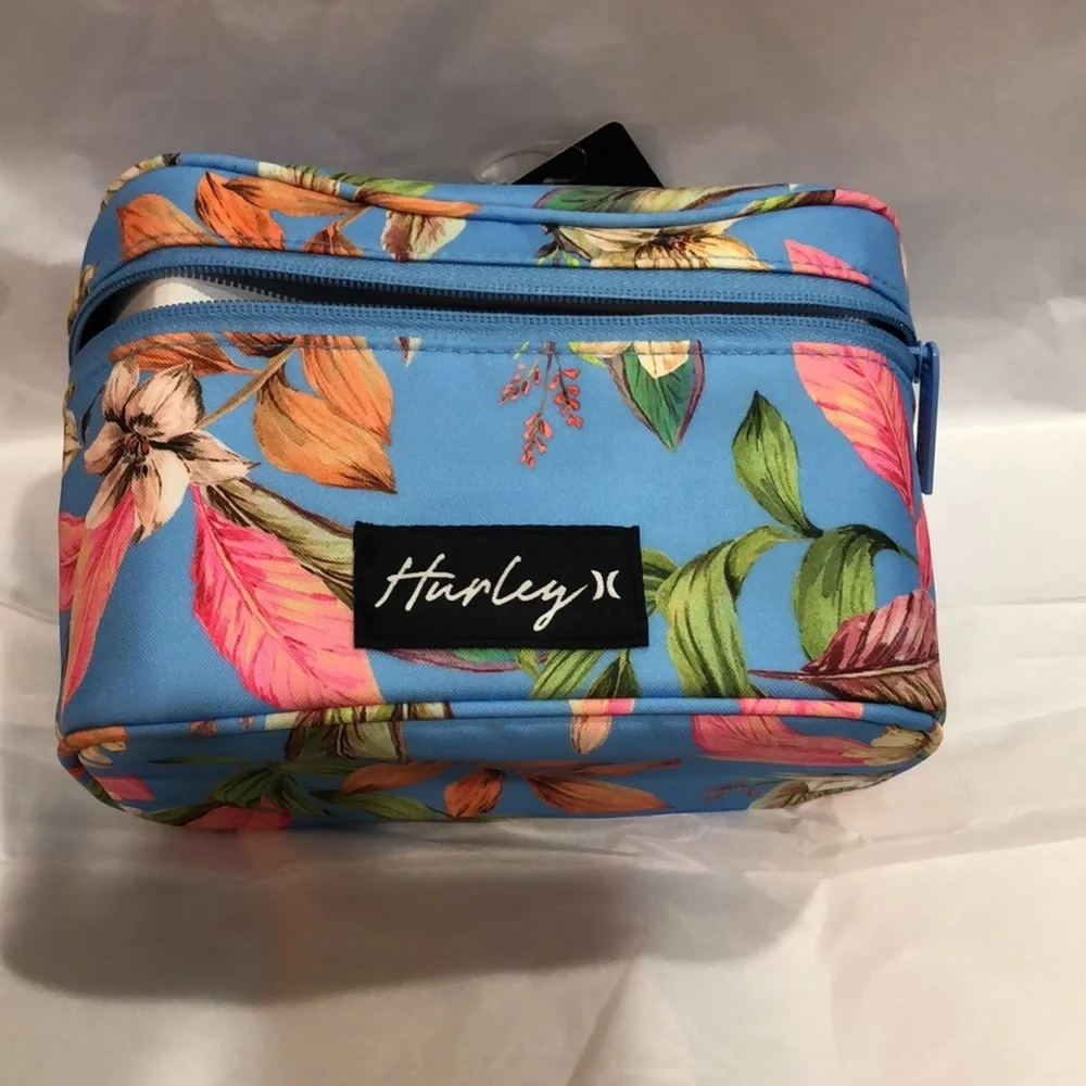 Hurley blue floral tropical island print makeup cosmetics bag case‎ new